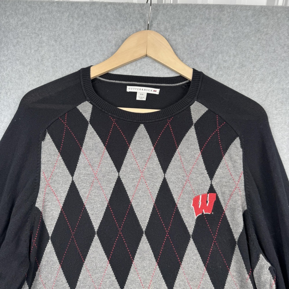 Cutter & Buck Sweater Mens Medium Black Argyle Wisconsin Badgers Cotton Knit